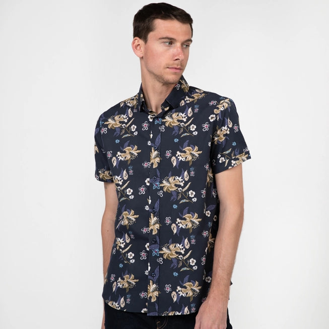 
  
  Navy Hawaiian Print Short Sleeve Button Down Shirt
  
