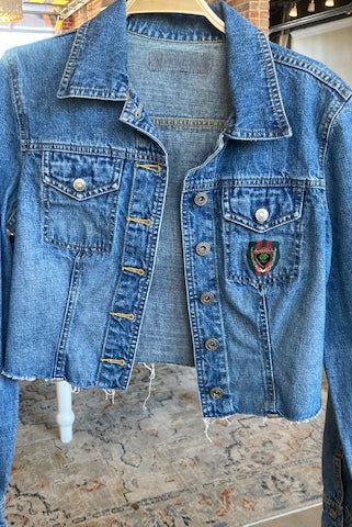 
  
  Upcycled Denim Jacket - Gucci Green/Red
  
