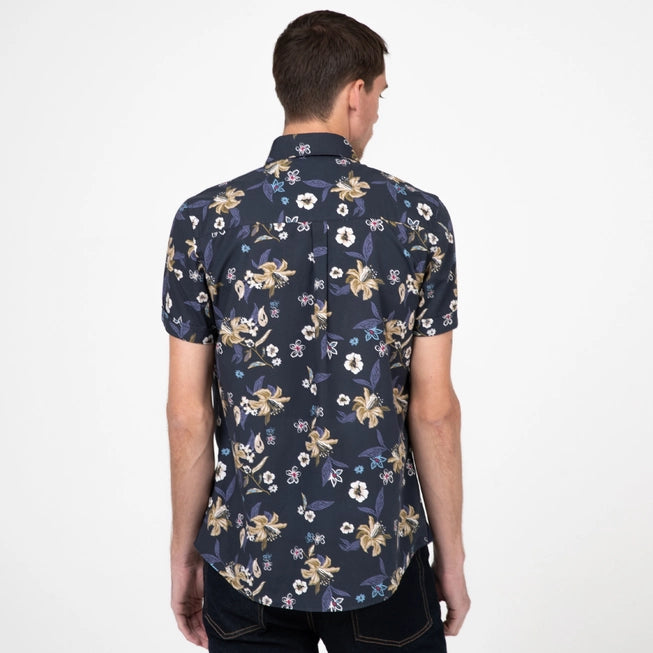 
  
  Navy Hawaiian Print Short Sleeve Button Down Shirt
  
