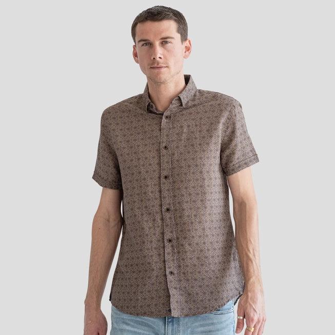 
  
  Tan and Brown Print Short Sleeve Button Down Shirt
  
